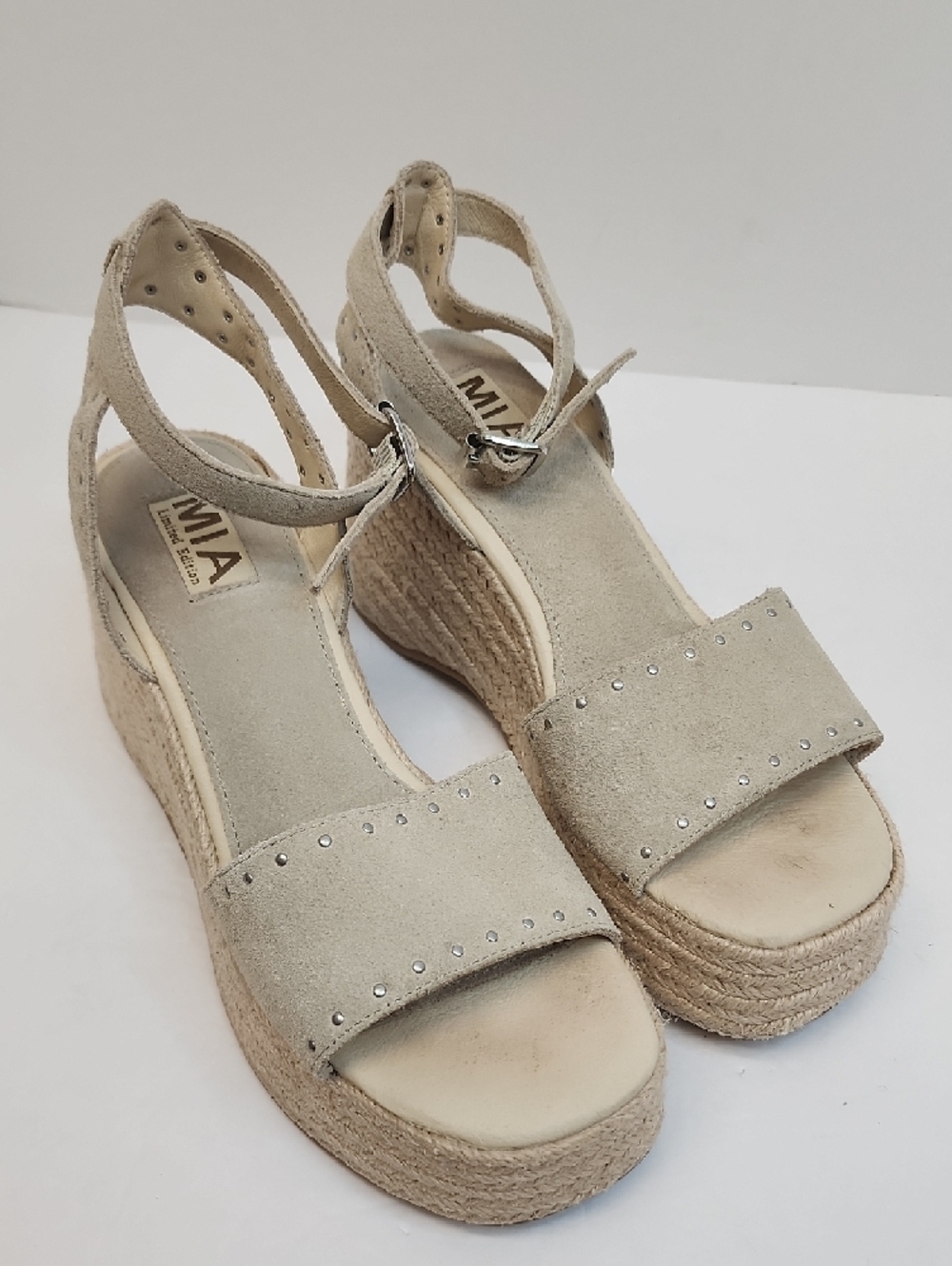MIA Beige Suede Studded Espadrille Wedge Sandals Size 7.5